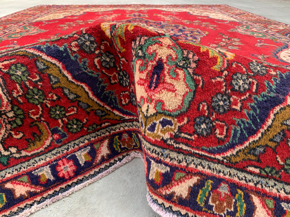 12'8 x 9'6 handgeknoopt Perzisch wollen tapijt - Rood bloemenmedaillonontwerp met ivoorkleurige rand - KBHM-875
