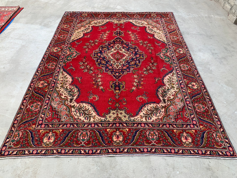 12'8 x 9'6 handgeknoopt Perzisch wollen tapijt - Rood bloemenmedaillonontwerp met ivoorkleurige rand - KBHM-875