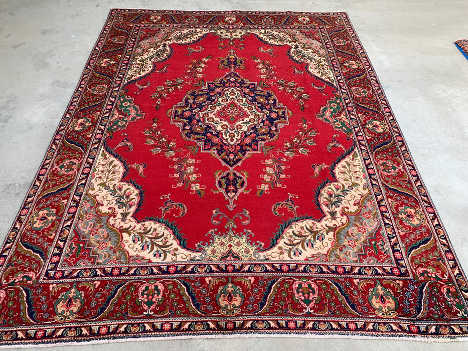 12'8 x 9'6 handgeknoopt Perzisch wollen tapijt - Rood bloemenmedaillonontwerp met ivoorkleurige rand - KBHM-875
