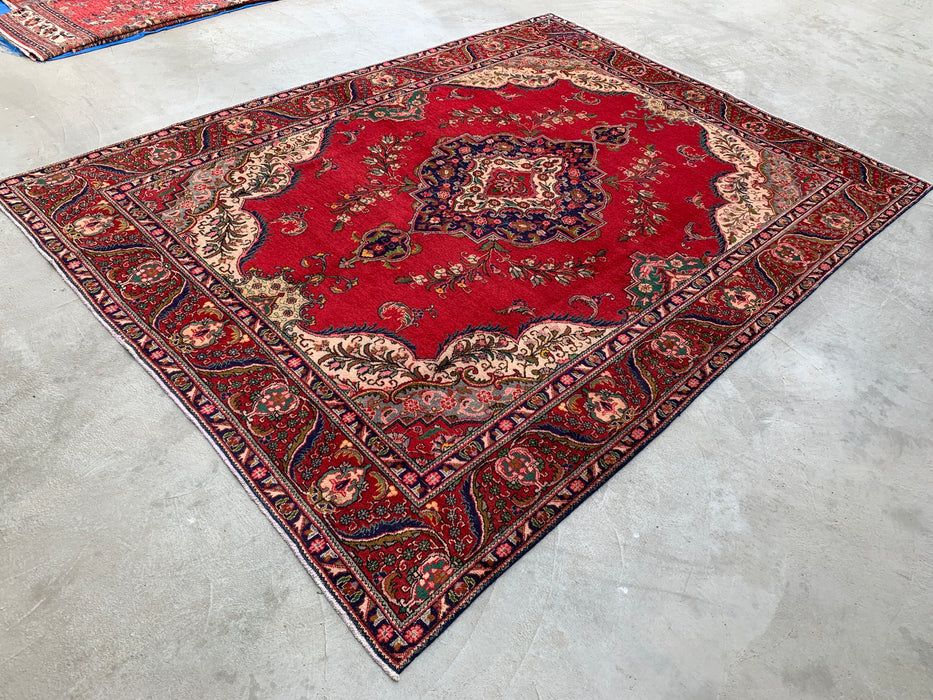 12'8 x 9'6 handgeknoopt Perzisch wollen tapijt - Rood bloemenmedaillonontwerp met ivoorkleurige rand - KBHM-875