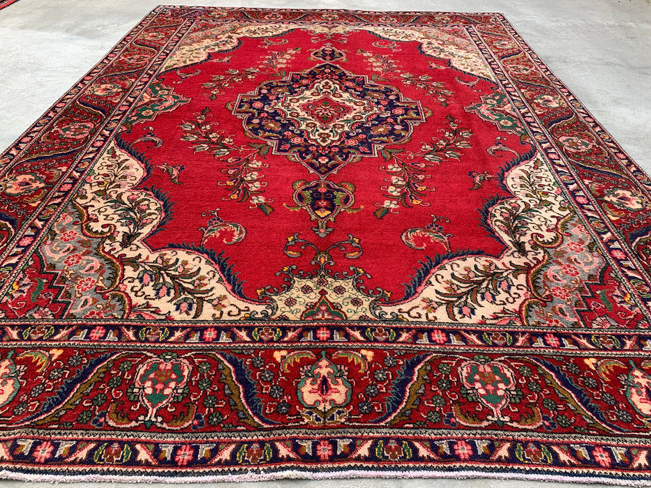 12'8 x 9'6 handgeknoopt Perzisch wollen tapijt - Rood bloemenmedaillonontwerp met ivoorkleurige rand - KBHM-875