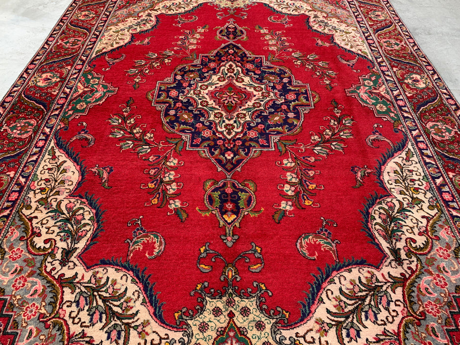 12'8 x 9'6 handgeknoopt Perzisch wollen tapijt - Rood bloemenmedaillonontwerp met ivoorkleurige rand - KBHM-875