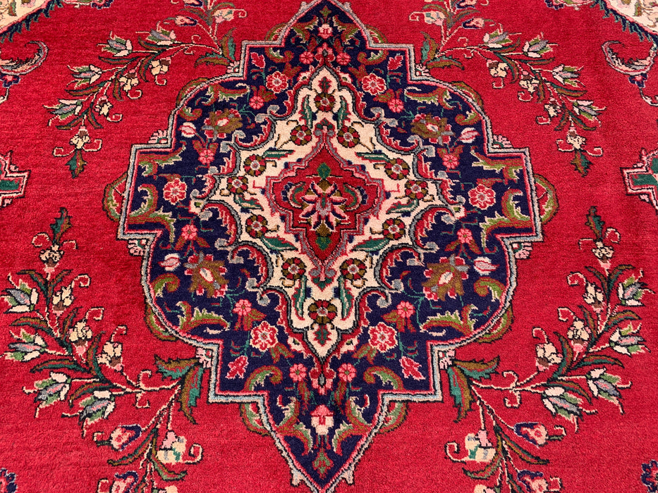 12'8 x 9'6 handgeknoopt Perzisch wollen tapijt - Rood bloemenmedaillonontwerp met ivoorkleurige rand - KBHM-875