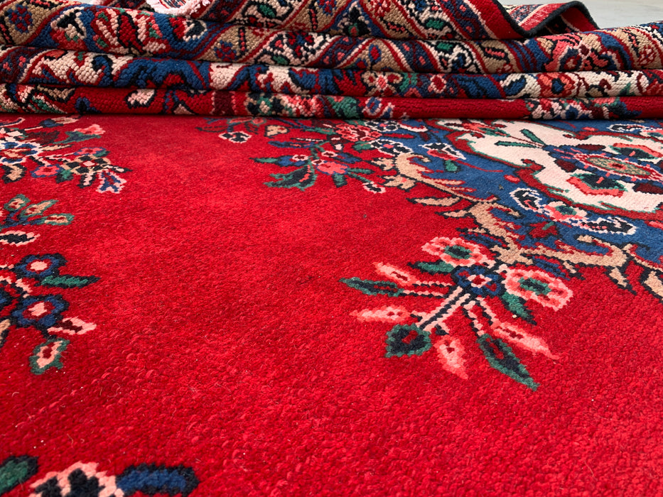 11'11 x 9'9 Hand-Knotted Persian Wool Rug - Red Floral Medallion Design with Blue Border - KBHM-876