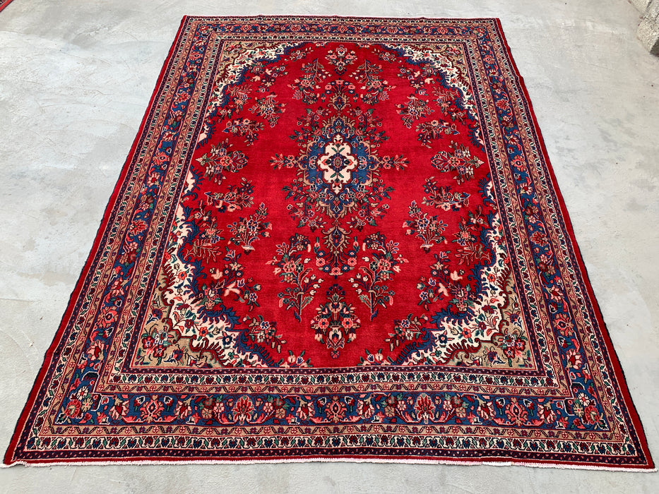 11'11 x 9'9 Hand-Knotted Persian Wool Rug - Red Floral Medallion Design with Blue Border - KBHM-876