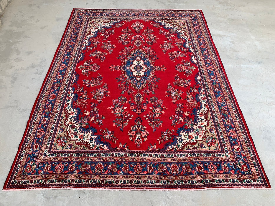 11'11 x 9'9 Hand-Knotted Persian Wool Rug - Red Floral Medallion Design with Blue Border - KBHM-876