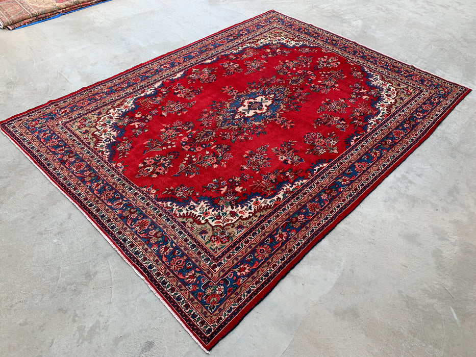 11'11 x 9'9 Hand-Knotted Persian Wool Rug - Red Floral Medallion Design with Blue Border - KBHM-876