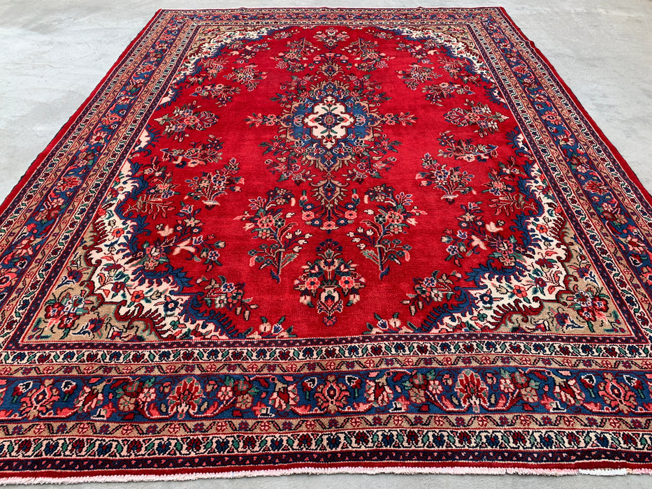 11'11 x 9'9 Hand-Knotted Persian Wool Rug - Red Floral Medallion Design with Blue Border - KBHM-876