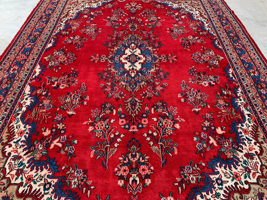 11'11 x 9'9 Hand-Knotted Persian Wool Rug - Red Floral Medallion Design with Blue Border - KBHM-876