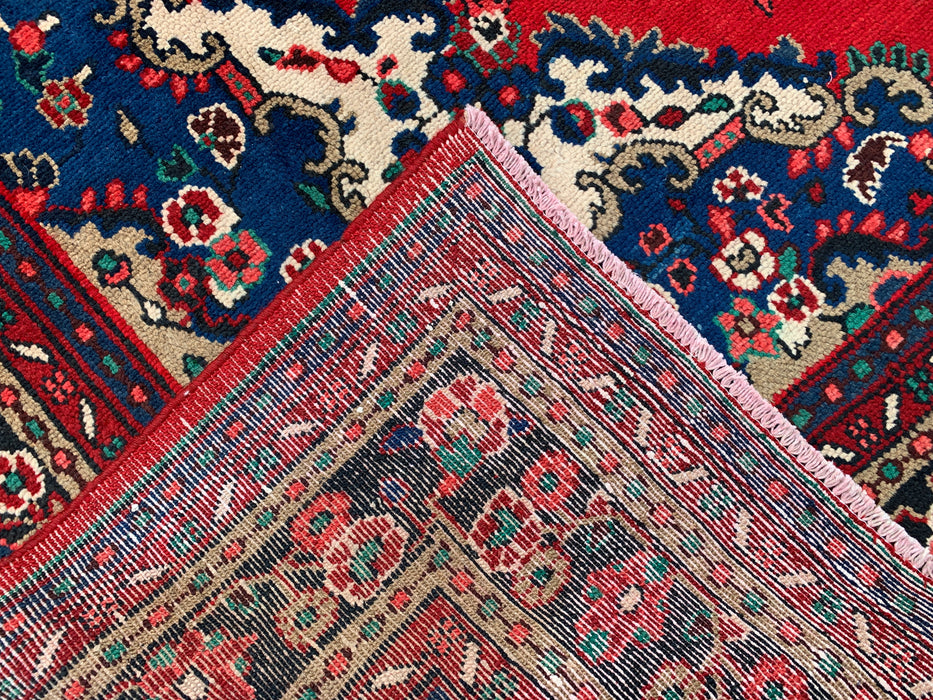 11'10 x 8'8 Handgeknoopt Perzisch wollen tapijt - Rood floraal medaillonontwerp met blauwe rand - KBHM-877