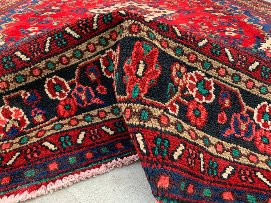 11'10 x 8'8 Handgeknoopt Perzisch wollen tapijt - Rood floraal medaillonontwerp met blauwe rand - KBHM-877