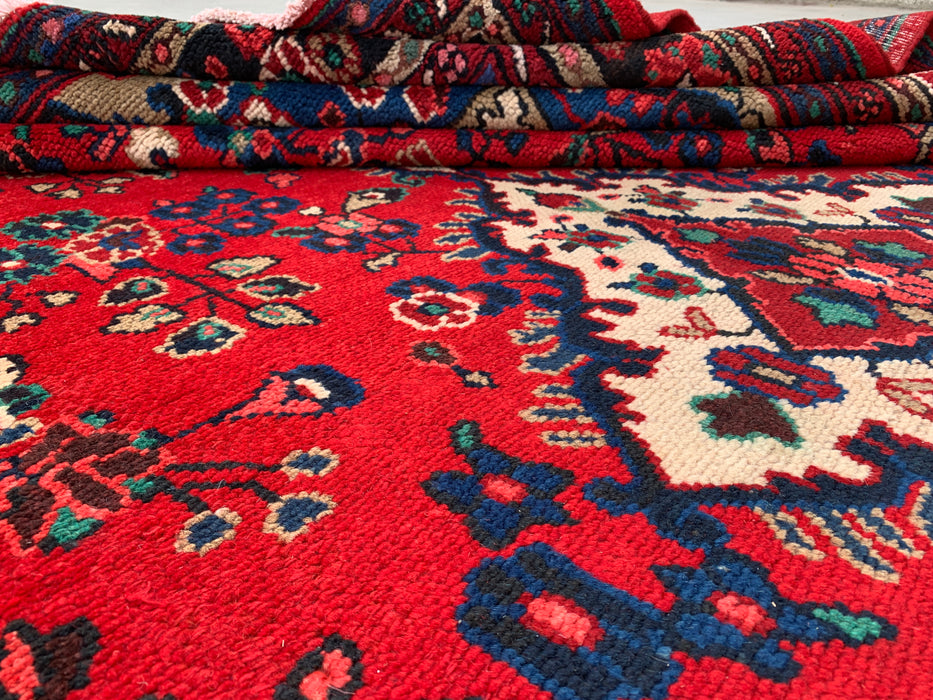 11'10 x 8'8 Handgeknoopt Perzisch wollen tapijt - Rood floraal medaillonontwerp met blauwe rand - KBHM-877