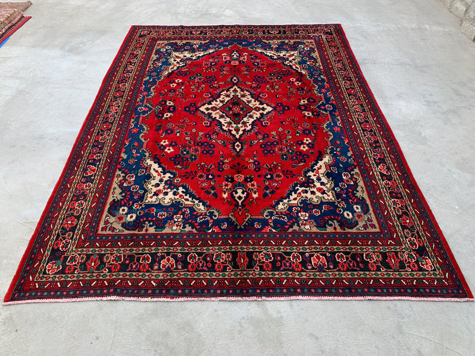 11'10 x 8'8 Handgeknoopt Perzisch wollen tapijt - Rood floraal medaillonontwerp met blauwe rand - KBHM-877