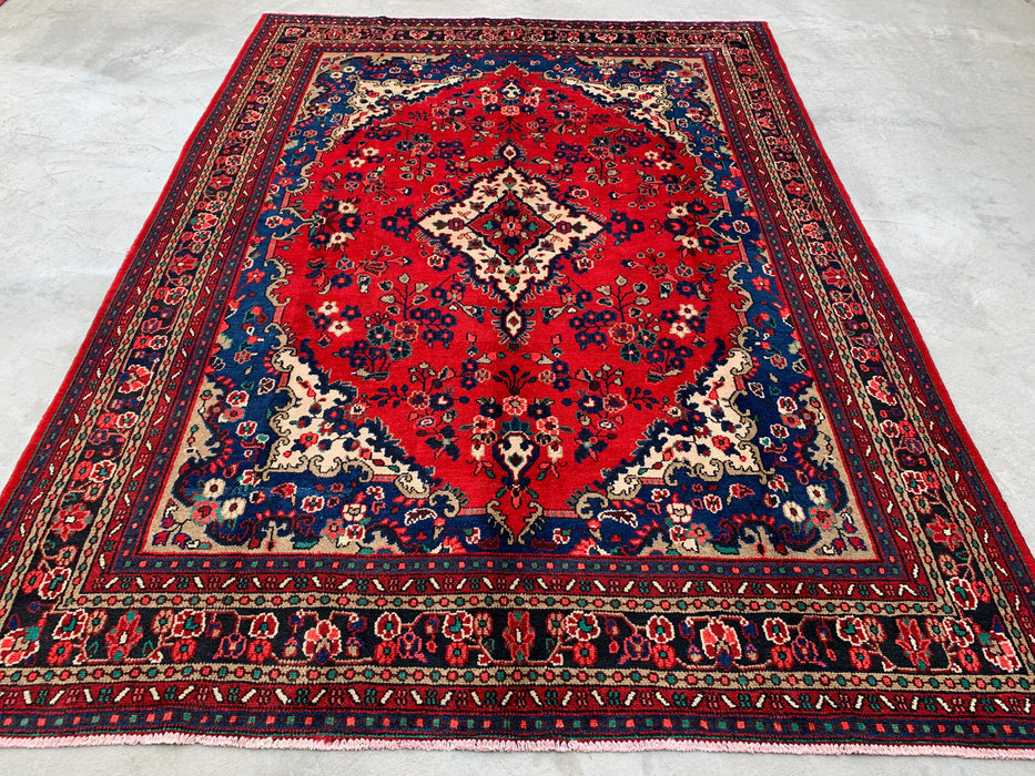 11'10 x 8'8 Handgeknoopt Perzisch wollen tapijt - Rood floraal medaillonontwerp met blauwe rand - KBHM-877