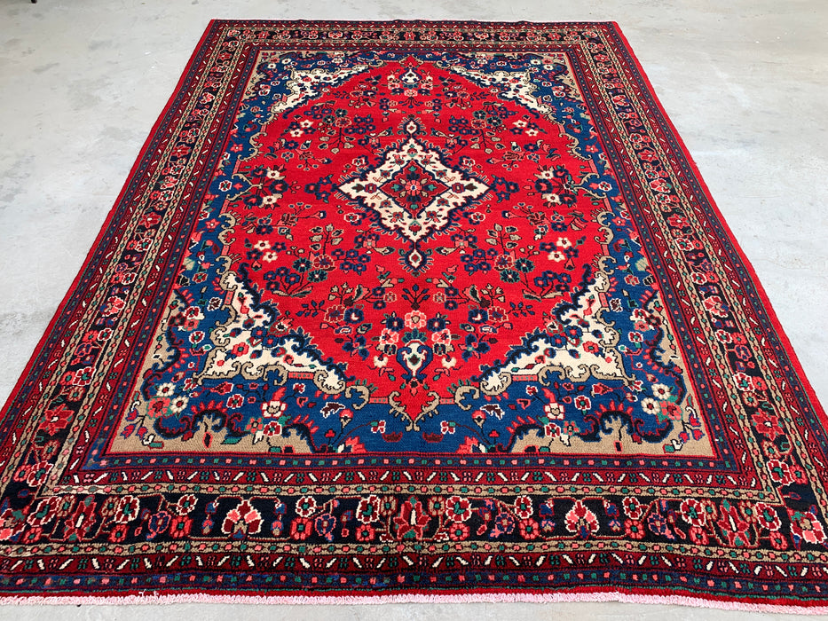 11'10 x 8'8 Handgeknoopt Perzisch wollen tapijt - Rood floraal medaillonontwerp met blauwe rand - KBHM-877
