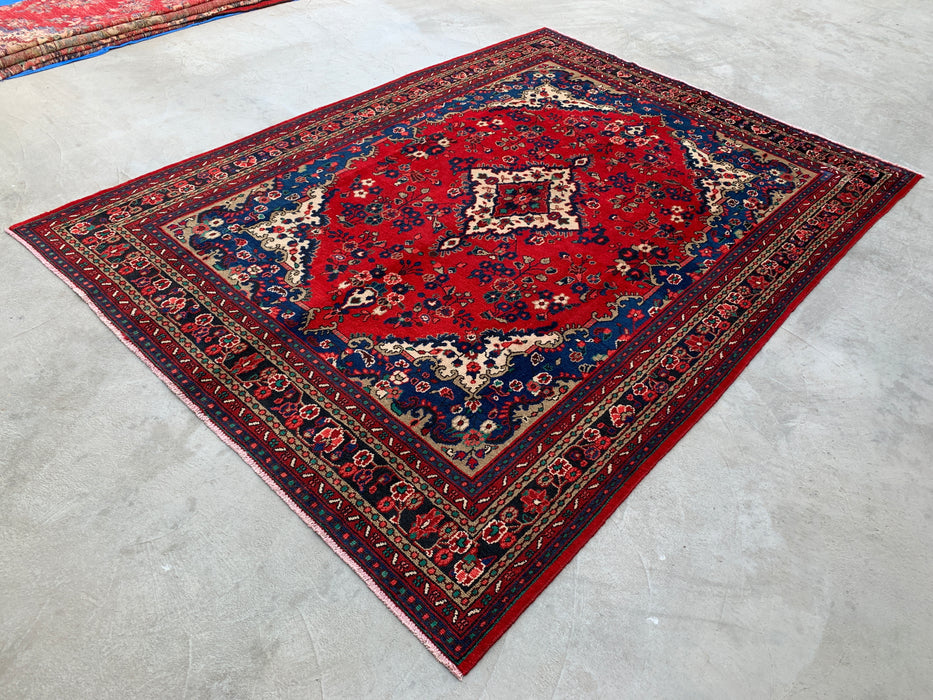 11'10 x 8'8 Handgeknoopt Perzisch wollen tapijt - Rood floraal medaillonontwerp met blauwe rand - KBHM-877