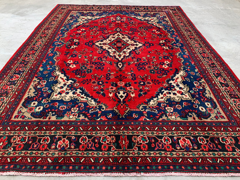 11'10 x 8'8 Handgeknoopt Perzisch wollen tapijt - Rood floraal medaillonontwerp met blauwe rand - KBHM-877