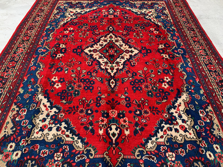 11'10 x 8'8 Handgeknoopt Perzisch wollen tapijt - Rood floraal medaillonontwerp met blauwe rand - KBHM-877