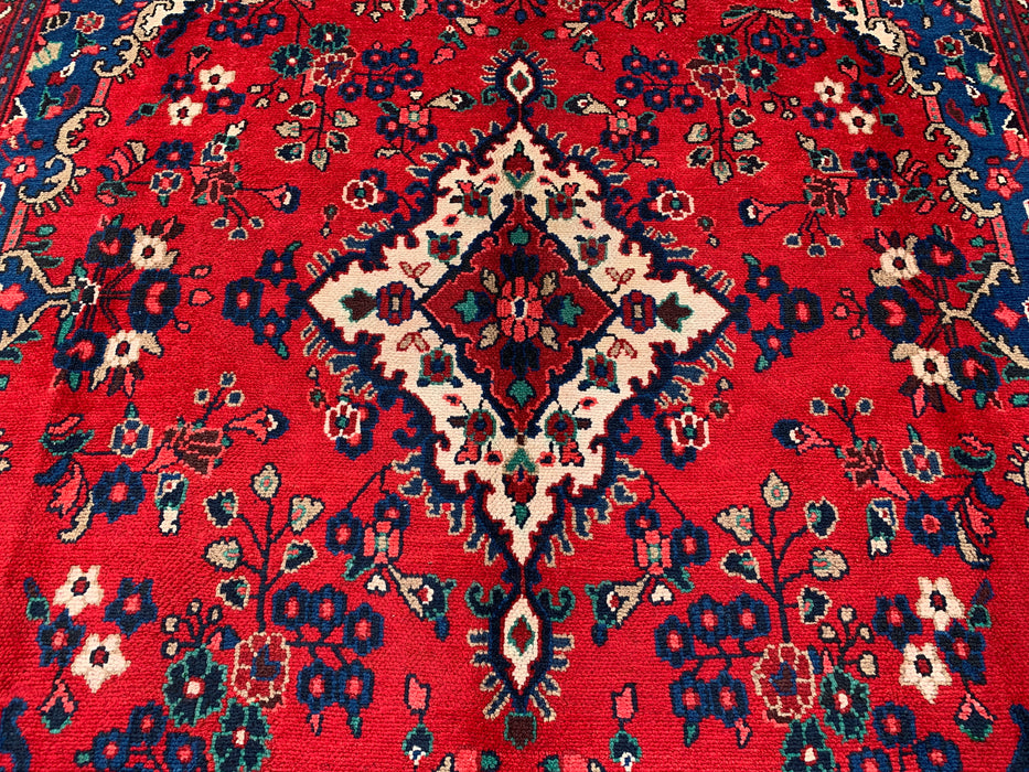 11'10 x 8'8 Handgeknoopt Perzisch wollen tapijt - Rood floraal medaillonontwerp met blauwe rand - KBHM-877