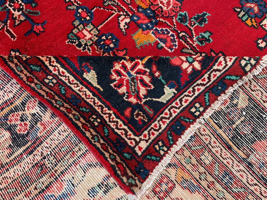 11'2 x 8'3 Handgeknoopt Perzisch wollen tapijt - Rood floraal medaillonontwerp met blauwe accenten in de hoeken - KBHM-878
