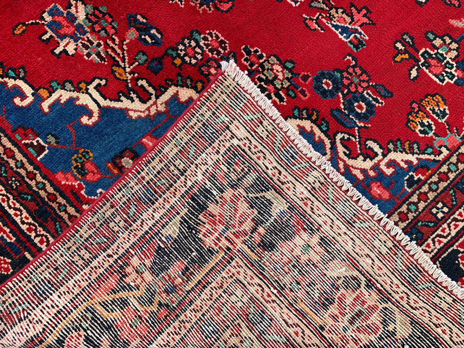 11'2 x 8'3 Handgeknoopt Perzisch wollen tapijt - Rood floraal medaillonontwerp met blauwe accenten in de hoeken - KBHM-878