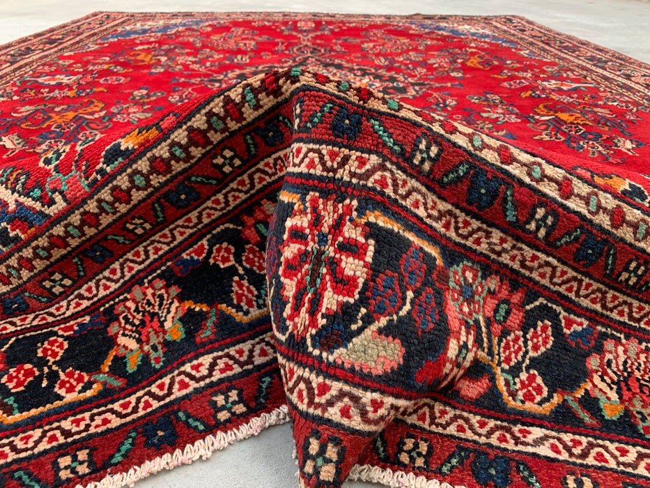 11'2 x 8'3 Handgeknoopt Perzisch wollen tapijt - Rood floraal medaillonontwerp met blauwe accenten in de hoeken - KBHM-878