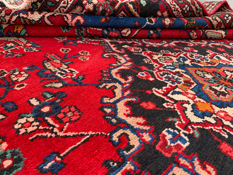 11'2 x 8'3 Handgeknoopt Perzisch wollen tapijt - Rood floraal medaillonontwerp met blauwe accenten in de hoeken - KBHM-878