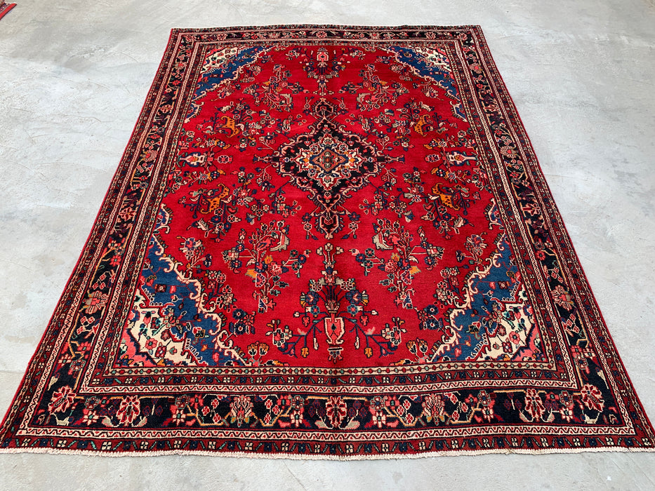 11'2 x 8'3 Handgeknoopt Perzisch wollen tapijt - Rood floraal medaillonontwerp met blauwe accenten in de hoeken - KBHM-878