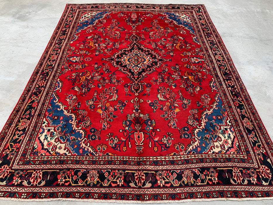 11'2 x 8'3 Handgeknoopt Perzisch wollen tapijt - Rood floraal medaillonontwerp met blauwe accenten in de hoeken - KBHM-878