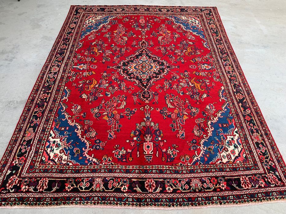 11'2 x 8'3 Handgeknoopt Perzisch wollen tapijt - Rood floraal medaillonontwerp met blauwe accenten in de hoeken - KBHM-878