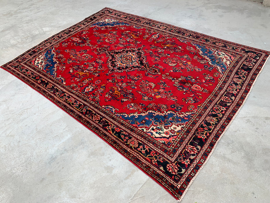 11'2 x 8'3 Handgeknoopt Perzisch wollen tapijt - Rood floraal medaillonontwerp met blauwe accenten in de hoeken - KBHM-878