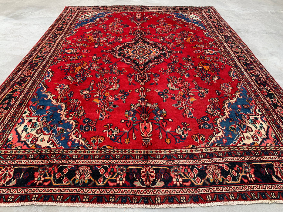 11'2 x 8'3 Handgeknoopt Perzisch wollen tapijt - Rood floraal medaillonontwerp met blauwe accenten in de hoeken - KBHM-878