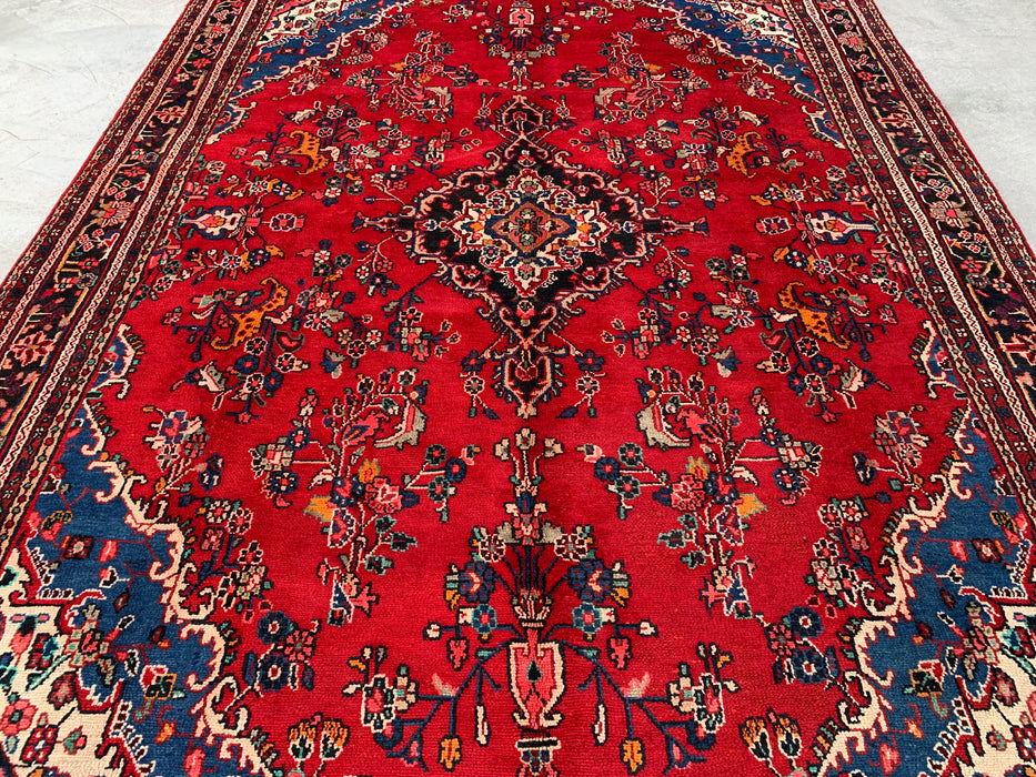 11'2 x 8'3 Handgeknoopt Perzisch wollen tapijt - Rood floraal medaillonontwerp met blauwe accenten in de hoeken - KBHM-878