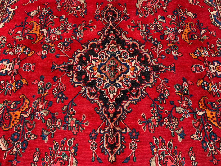 11'2 x 8'3 Handgeknoopt Perzisch wollen tapijt - Rood floraal medaillonontwerp met blauwe accenten in de hoeken - KBHM-878