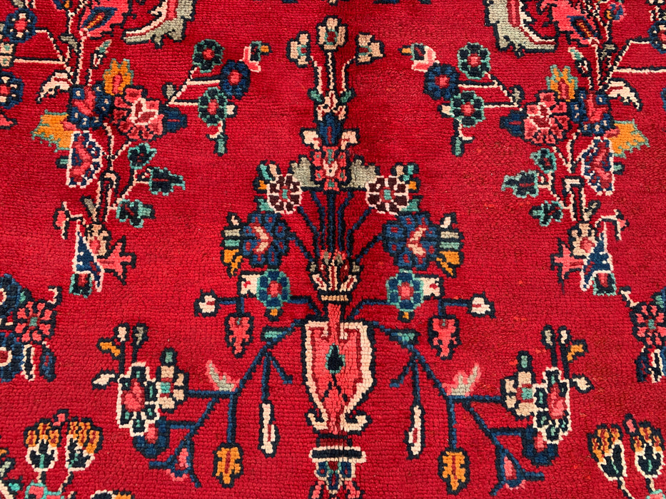 11'2 x 8'3 Handgeknoopt Perzisch wollen tapijt - Rood floraal medaillonontwerp met blauwe accenten in de hoeken - KBHM-878