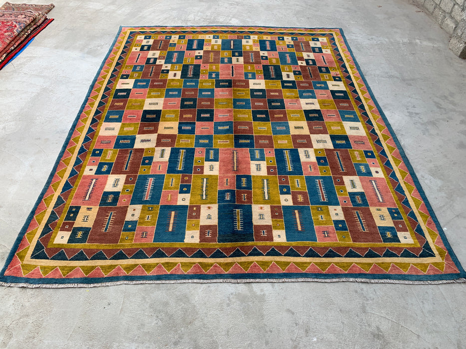 12'9 x 10'2 handgeknoopt Perzisch wollen tapijt - Kleurrijk geometrisch blokontwerp - KBHM-879