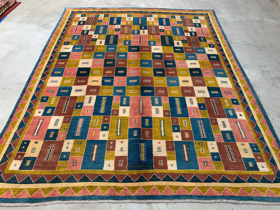 12'9 x 10'2 handgeknoopt Perzisch wollen tapijt - Kleurrijk geometrisch blokontwerp - KBHM-879