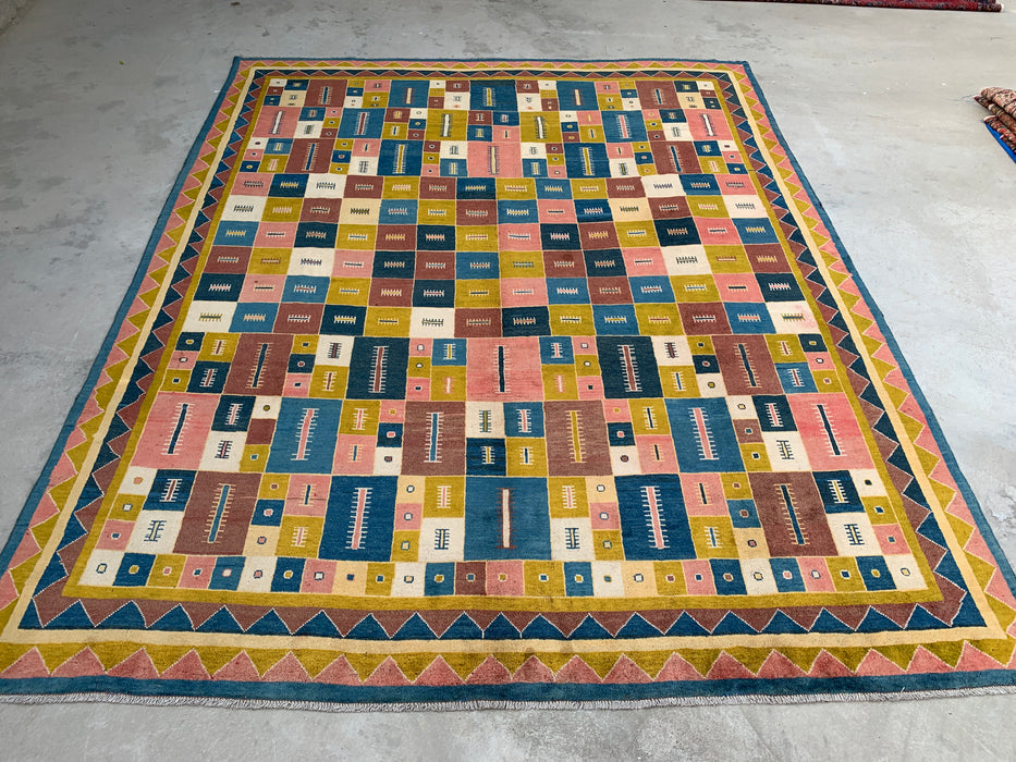 12'9 x 10'2 handgeknoopt Perzisch wollen tapijt - Kleurrijk geometrisch blokontwerp - KBHM-879