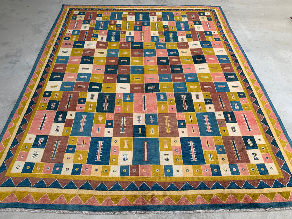 12'9 x 10'2 handgeknoopt Perzisch wollen tapijt - Kleurrijk geometrisch blokontwerp - KBHM-879
