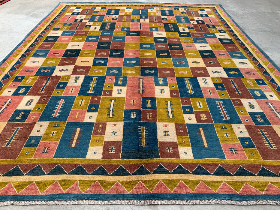 12'9 x 10'2 handgeknoopt Perzisch wollen tapijt - Kleurrijk geometrisch blokontwerp - KBHM-879