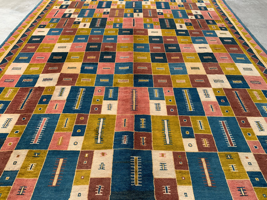 12'9 x 10'2 handgeknoopt Perzisch wollen tapijt - Kleurrijk geometrisch blokontwerp - KBHM-879