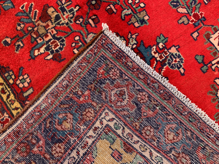 9'6 x 3'9 Handgeknoopt Perzisch wollen loper - Rood bloemenmedaillonontwerp met marineblauwe rand - KBHM-880