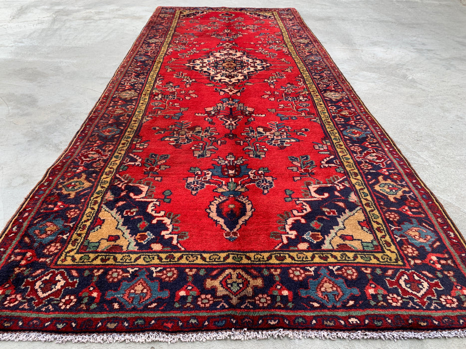 9'6 x 3'9 Handgeknoopt Perzisch wollen loper - Rood bloemenmedaillonontwerp met marineblauwe rand - KBHM-880