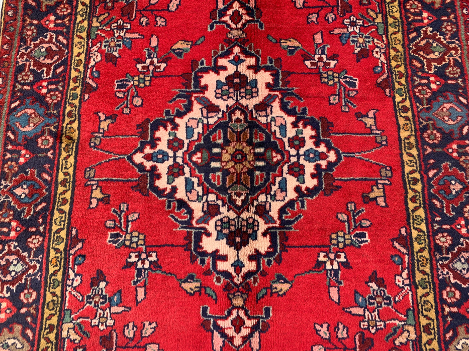 9'6 x 3'9 Handgeknoopt Perzisch wollen loper - Rood bloemenmedaillonontwerp met marineblauwe rand - KBHM-880