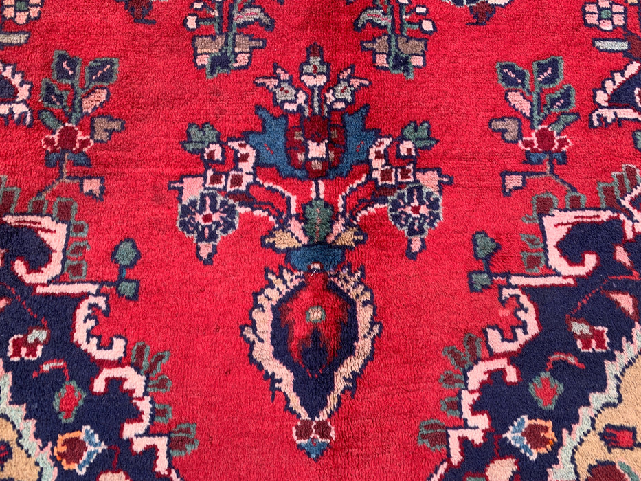 9'6 x 3'9 Handgeknoopt Perzisch wollen loper - Rood bloemenmedaillonontwerp met marineblauwe rand - KBHM-880