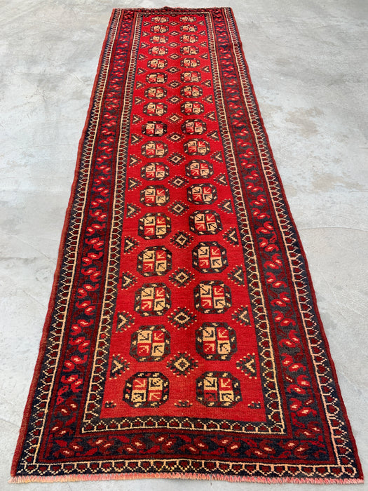 338 x 112 cm handgeknoopt Perzisch wollen loper - Rood geometrisch tribaal motief - KBHM-881
