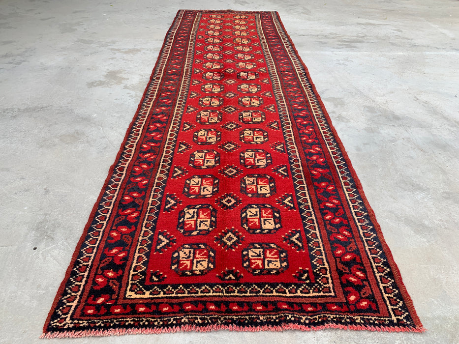 338 x 112 cm handgeknoopt Perzisch wollen loper - Rood geometrisch tribaal motief - KBHM-881