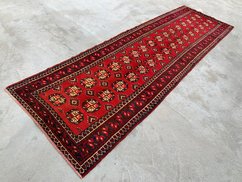 338 x 112 cm handgeknoopt Perzisch wollen loper - Rood geometrisch tribaal motief - KBHM-881