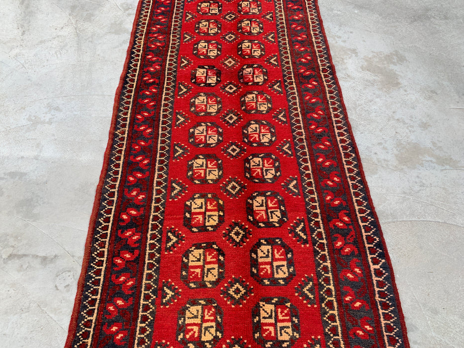 338 x 112 cm handgeknoopt Perzisch wollen loper - Rood geometrisch tribaal motief - KBHM-881