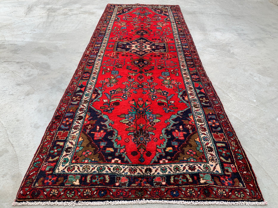 10'3 x 3'8 Handgeknoopt Perzisch wollen loper - Rood bloemmotief met marineblauwe rand - KBHM-882
